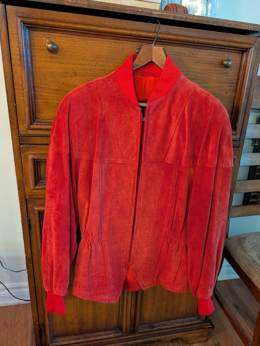 Vintage Red Suede Bomber Jacket - Women's